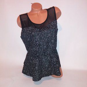 Dots Blouse Tank Top XL Black White Polka Dots Peplum Ruffle Mesh Trim Sleeveles